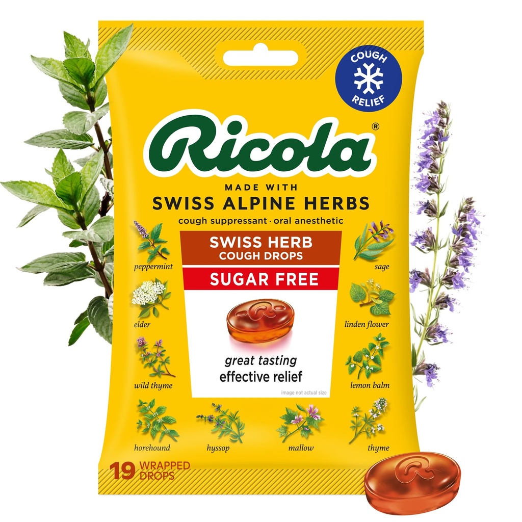 Ricola Sugar Free Swiss Herb Kašelj Kapljice, 19 grof, Cough Supressant & Treat Releading Kapljice z naravno izvorno Mentol, Prijetno Okus za kašelj in grlo draženje Symptom Relief