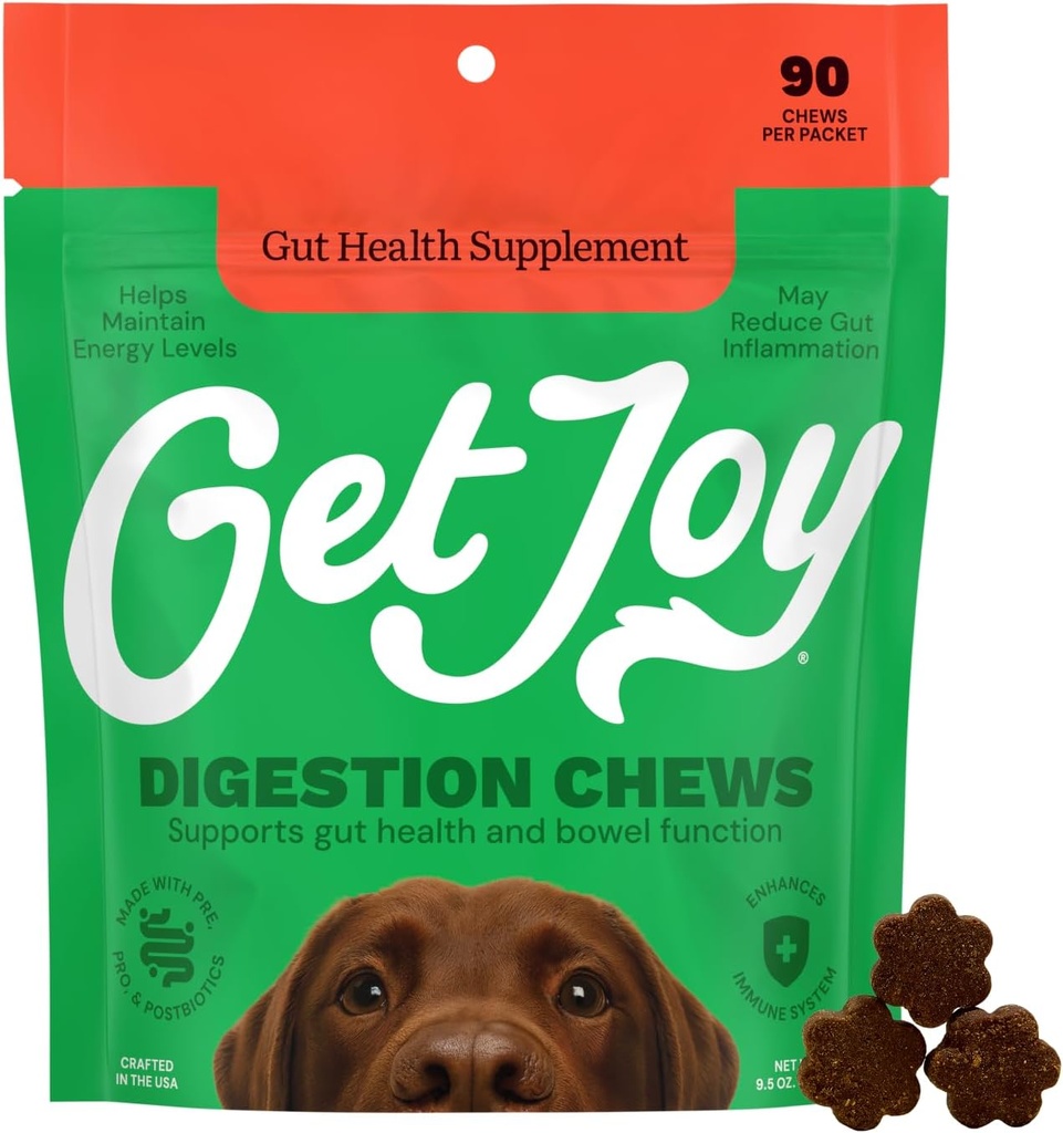 Get Joy Prebava Chews, Gut Health Supplement za pse, Vet Priporočeno Soft Daily Digestive Health & Imunska podpora s prebiotiki, probiotiki in postbiotiki, Made in USA, 90 Count