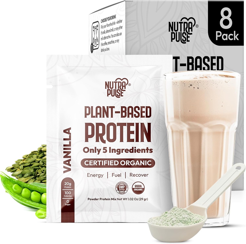 Ekološki veganski protein v prahu – na rastlinah temelječi proteini, brez glutena, brez GSO, 20g beljakovin na serviranje, super za napitke in stresanje (Vanilla, pakiranje po 8)