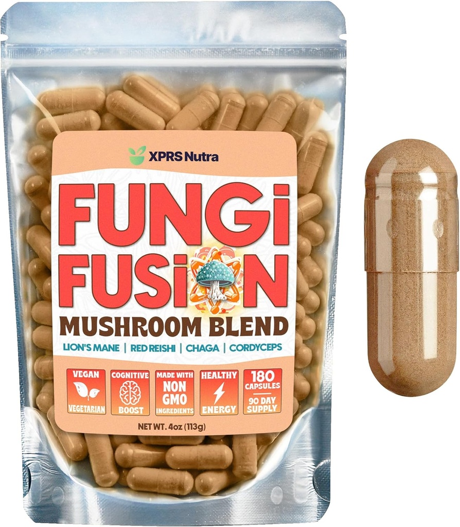 XPRS Nutra Fungi Mešanica fuzijskih gob Kapsule - 180 Štetje (90 dnevna dobava) Premium mešanica levov Mane, Reishi, Chaga, Cordyceps Kapsule za podporo duševne jasnosti, Kognicija, energije in imunitete