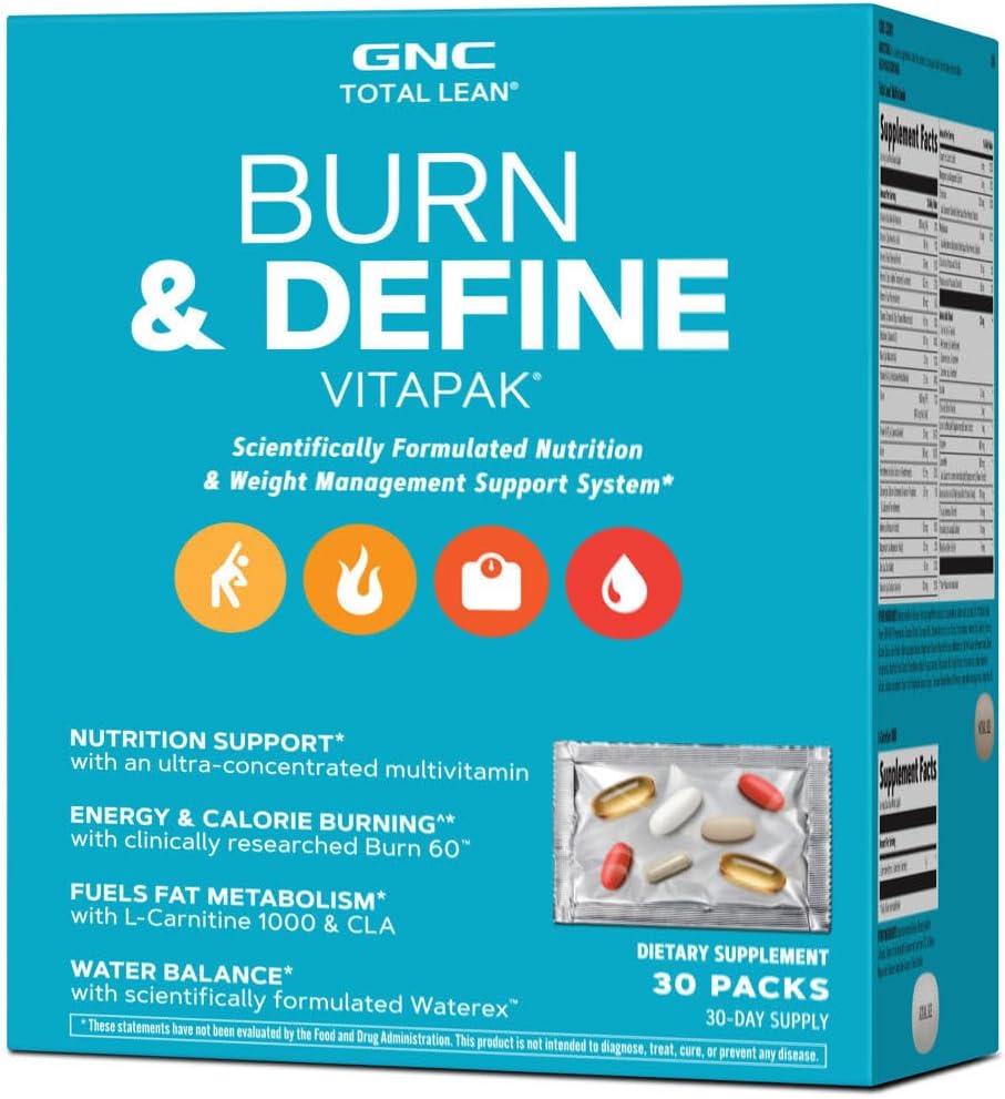 GNC Total Lean Burn in Definite VitaPak Program za moške in ženske, 5-v-1 paket za energijo, upravljanje teže, Calorie Burn, Imunsko zdravje, Water Balance, 30 Servings