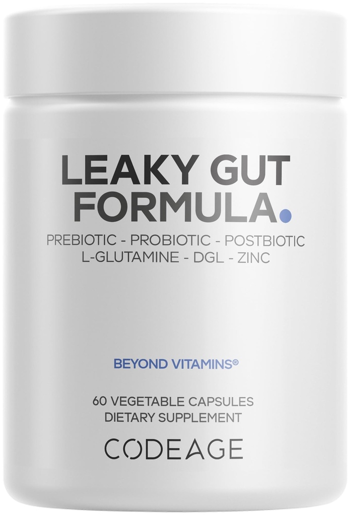Codeage Leaky Gut Supplement, L-glutamin, N-acetilglukozamin, probiotik, butirska kislina, polifenoli, Quercetin, DGL, Marshmallow Root, Berberine, BioPerine, Cinamon, Vegan, Non-GMO, 60 Kapsule