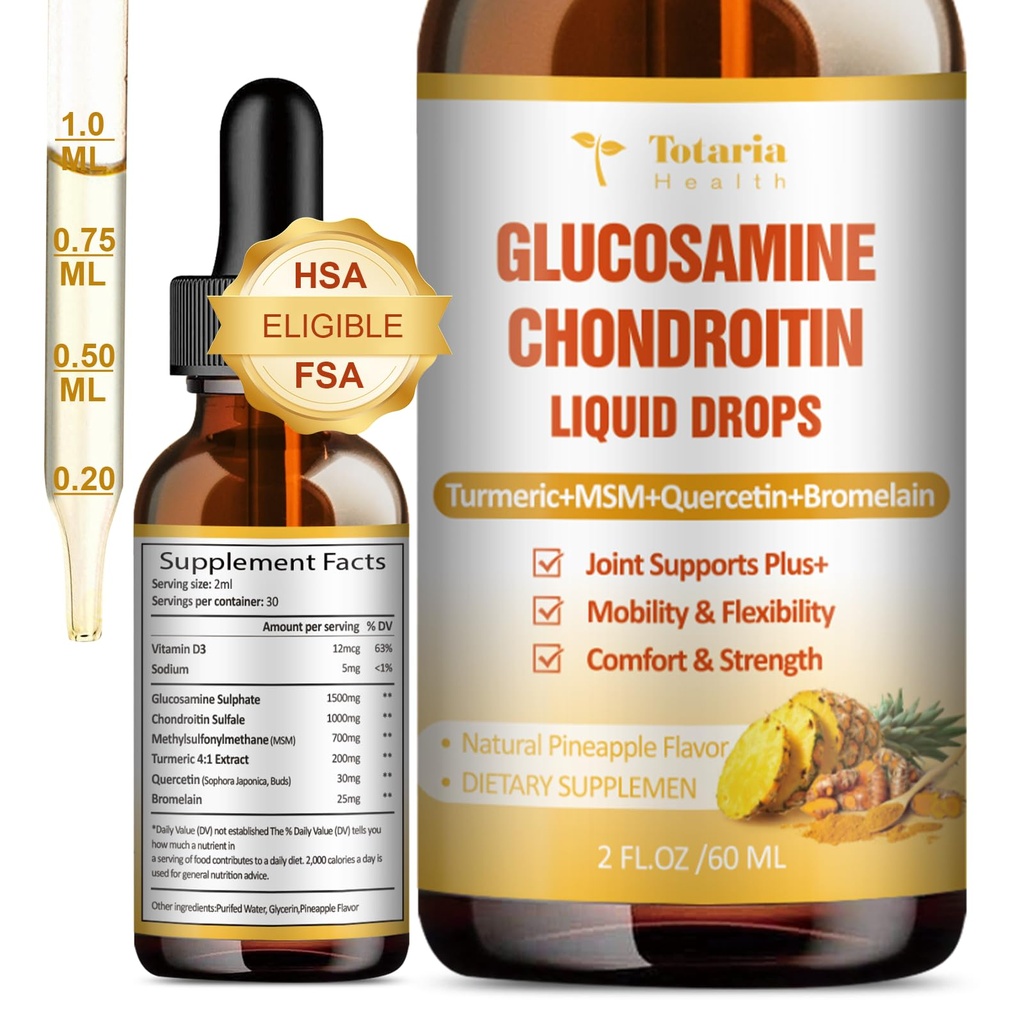 Glukozamin Chondroitin MSM tekoče kapljice FSA-HSA - Skupna podpora dodatek za mobilnost, Fleksibilnost in kosti Chondroitin Sulfate dodatek Kurkurja, Quercetin, Bromelain, MSM Oil 2 FL.OZ