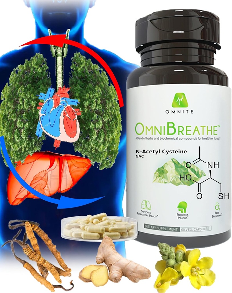 OMNIBREATHE - hitro izboljšanje dihalnih težav z NAC 600MG znanstveno oblikovan w. Quercetin/Mullein/Coq 10/Ginger/Stinging Nettle/Bromelain,3 krat w. obrok (10-dnevno oskrbo za povečanje)
