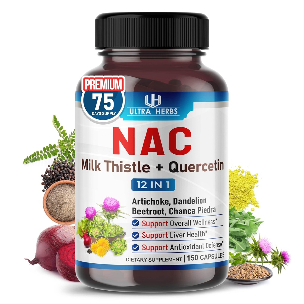 NAC dodatek N-Aetyl Cysteine Obogaten z mlekom Thistle, Quercetin - Podpora imuniteta, zdravje dihal in jeter Detox 