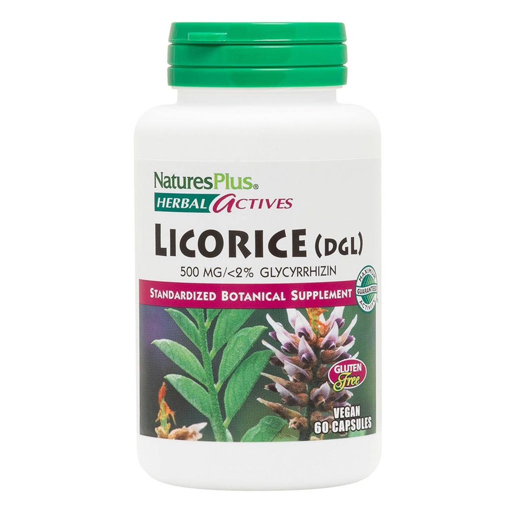Natures Plus Herbal Actives Licorice (DGL) Kapsule - 500mg, 60 Veganski dodatki - Vegetarian, Gluten-free - 60 Serving