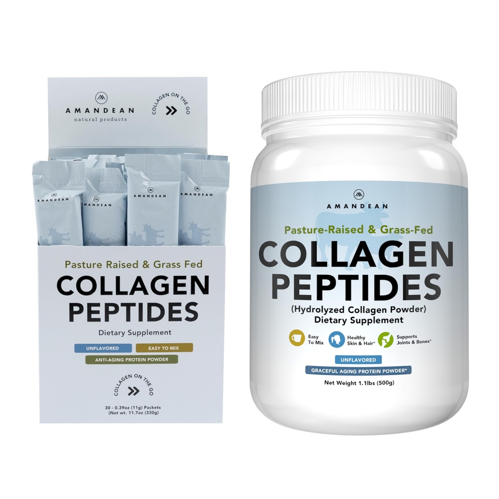 AMANDEAN Kolagen Peptides Bundle. 1kg & Stick Packs. Trava-Fed, encimsko hidroliziran, Tip 1 & 3. Beljakovine z 18 Aminokisline za zdravo kožo, lase, nohte. Enostaven za mešanje, brez arome, brez GMO