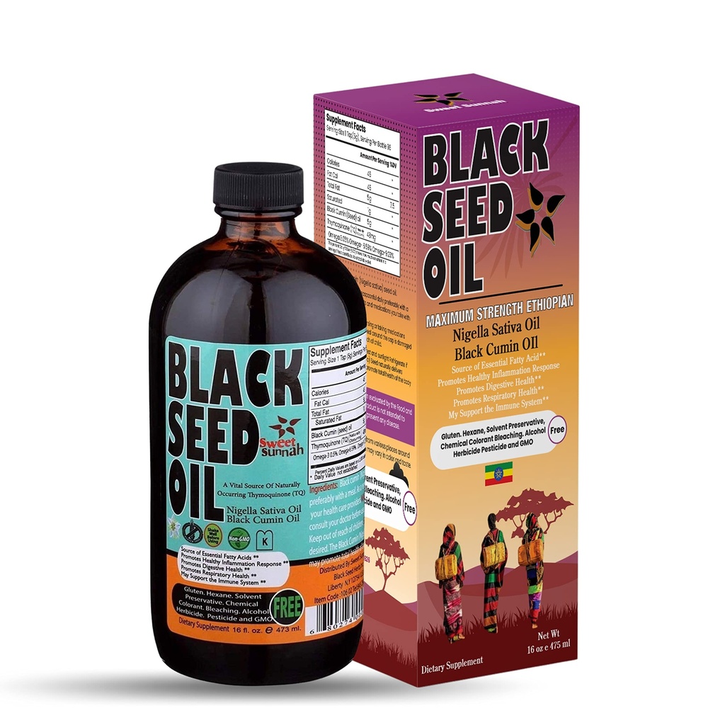 Etiopsko olje črnega semena - 3,43% Thymokinone Cold-Presed Black Cumin Seme iz Pure Nigella Sativa - Prvi stiskanje črno seme Non-GMO Izboljšana - 16 Oz Steklenica Sweet Sunnah