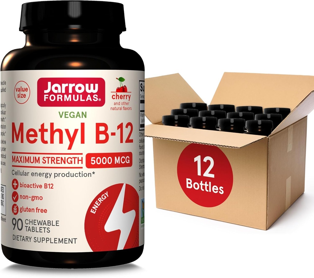 Jarrow Formule Maksimalna moč metil B-12 5000 μg Prehranska dopolnila - 90 Cherry Žvečljive tablete - Bioaktivni vitamin B-12 - Podpira Celularno proizvodnjo energije, spanje in zdravje možganov (Pack of 12)
