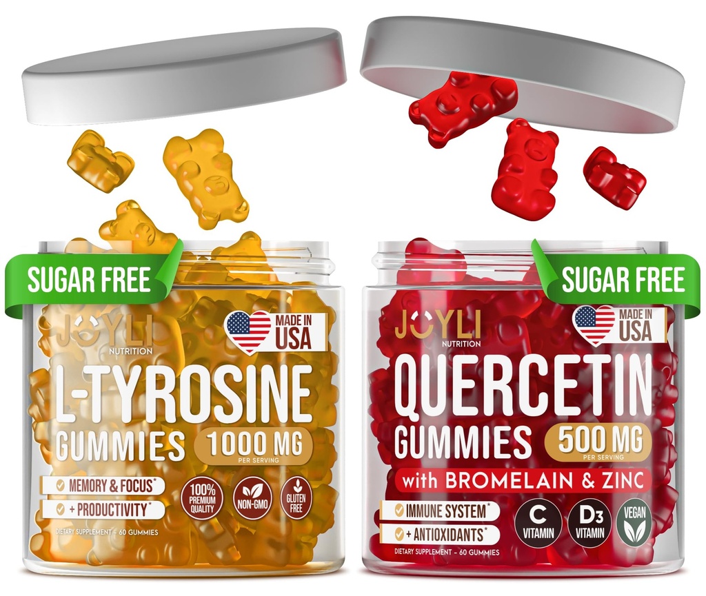 L-tirozin Gumies + Quercetin Gumies - L Tirozin dodatek, Quercetin z vitaminom C - Fokus Gumies in Imunska podpora Gumies - 60 L-tirozin za otroke Gumies, 60 Quercetin z cinkovim gumijem