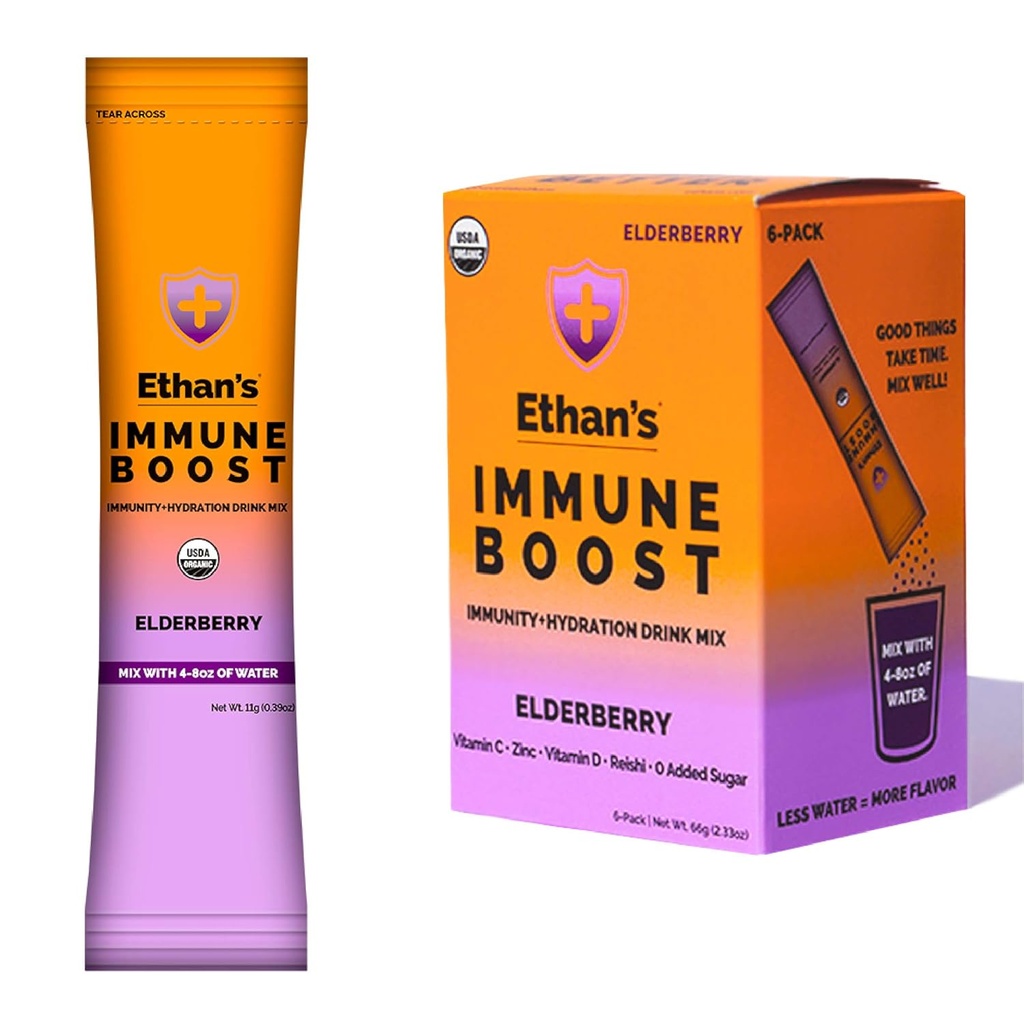 Etan's Organic Drink Mix, Elderberry Flavor, Podpora imunitete in Hydration Powder Packets, izdelan iz pravega sadja, vitamin C, vitamin D, cink, brez dodanega sladkorja (6 Pack)