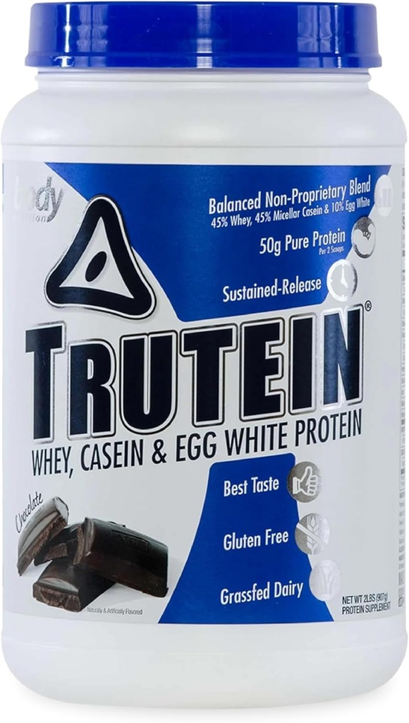 Body Nutrition Trutein High Protein v prahu: 45% Whey, 45% Kazein, 10% Jajčna bela beljakovinska mešanica, Gluten-free, Nizko natrij, Beljakovine z nizko vsebnostjo ogljikovih hidratov v prahu za moške in ženske, čokolada, 2lb