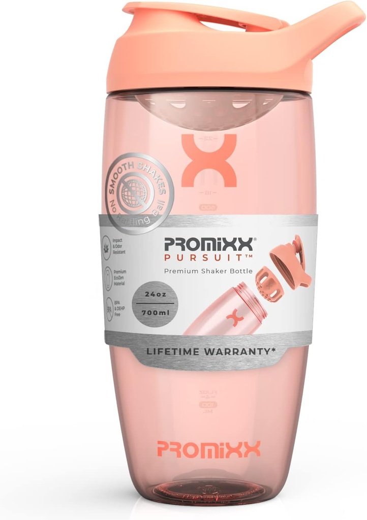 Promix Pursit Protein Shaker Steklenica (24 oz) – Tihi brez-Ball mešalnik, Leak-Proof Lid, BPA/BPS & Phthalate-free ECOZEN – Easy-Clean Shaker Cup za stresanje beljakovin, Pre & Post-workout napitki