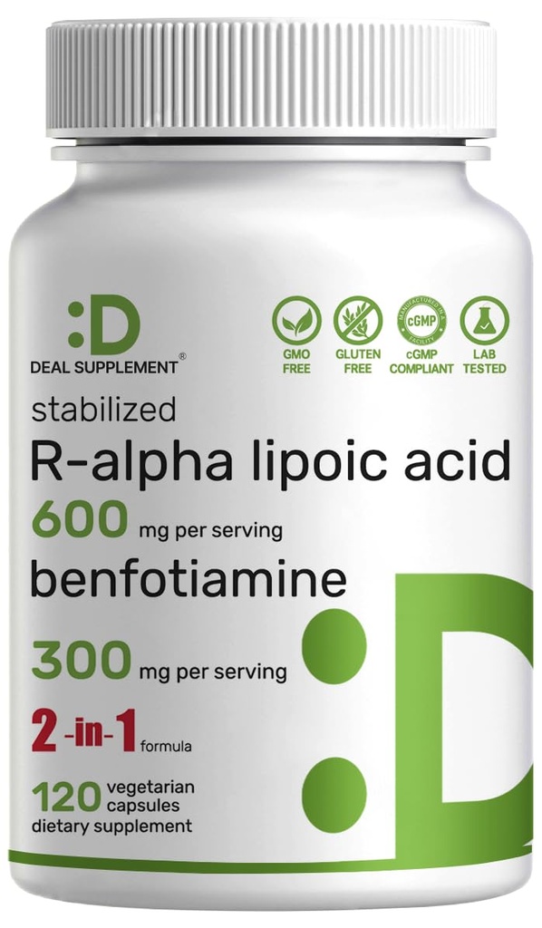 DEAL DOPOLNILO R Alpha lipoična kislina 600mg z benfotiaminom 300mg na serviranje, 120 Veggie kapsule – 200mg R-ALA na kapsulo – Antioksidant dodatek za energijo in živčevje