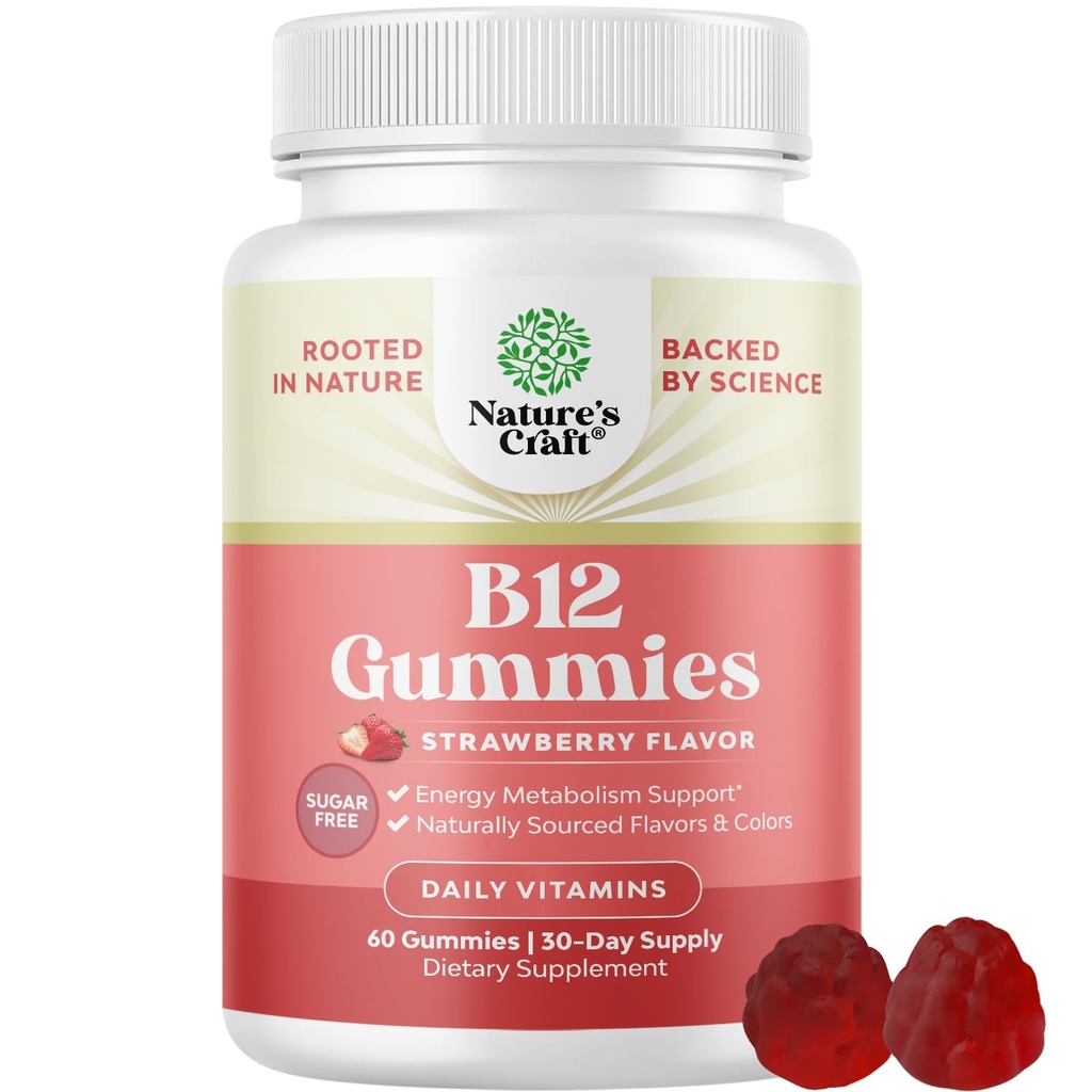 Vitamin B12 Gumiji za odrasle - brez sladkorja Vitamin B12 1000 mcg Žvečilni gumi za energijo in podporo razpoloženju Imunski in živci zdravje - Kosher Non-GMO & Gluten brezplačno dodatek za ženske in moške - 60 Count