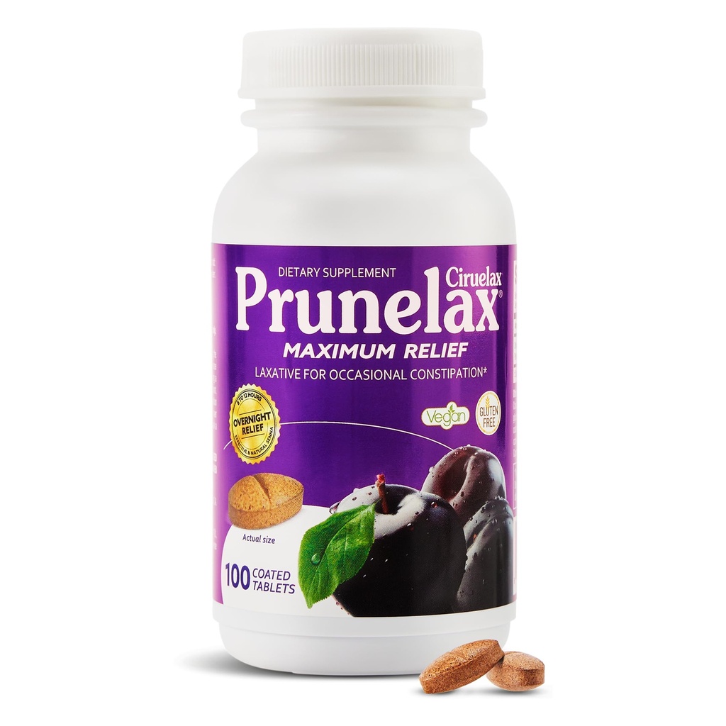 Prunelax Ciruelax maksimalne reliefne laksativne tablete z naravno Senno za občasno zaprtje, Senna Extract, Vegan & Gluten-free, Nežna Relief čez noč - 100ct