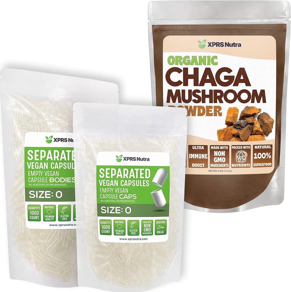 XPRS Nutra Ločena velikost 0 Kapsule (1000 števk) s Chaga praškom (8 Ounce)