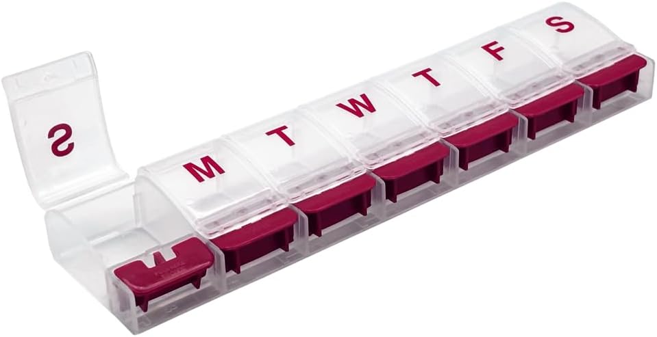 EZY DOSE Weekly (7-Day) AM/PM Daily Push tablete Organizator, Vitamin Case, in Medicine Container, X-Veliki oddelki, Artritis prijazno, Prijeten in enostaven za uporabo, Jasno/rdeče, BPA brezplačno