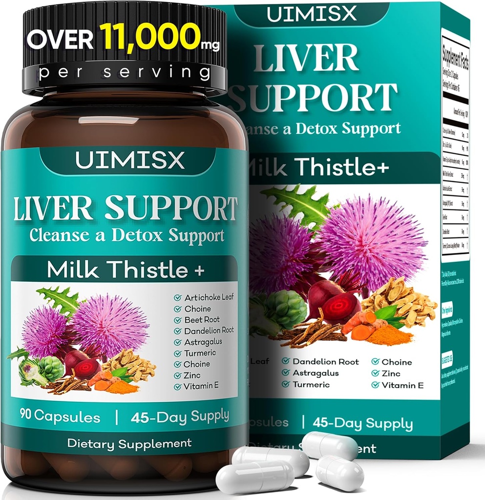 Milk Thistle Supplement - Jetrna detox čiščenje Formula Zeliščna jetrna podpora z mlekom Thistle, Dandelion Root, Artichoke, Kurkuma, Astragalus za zdravje jeter, 90 kapsul