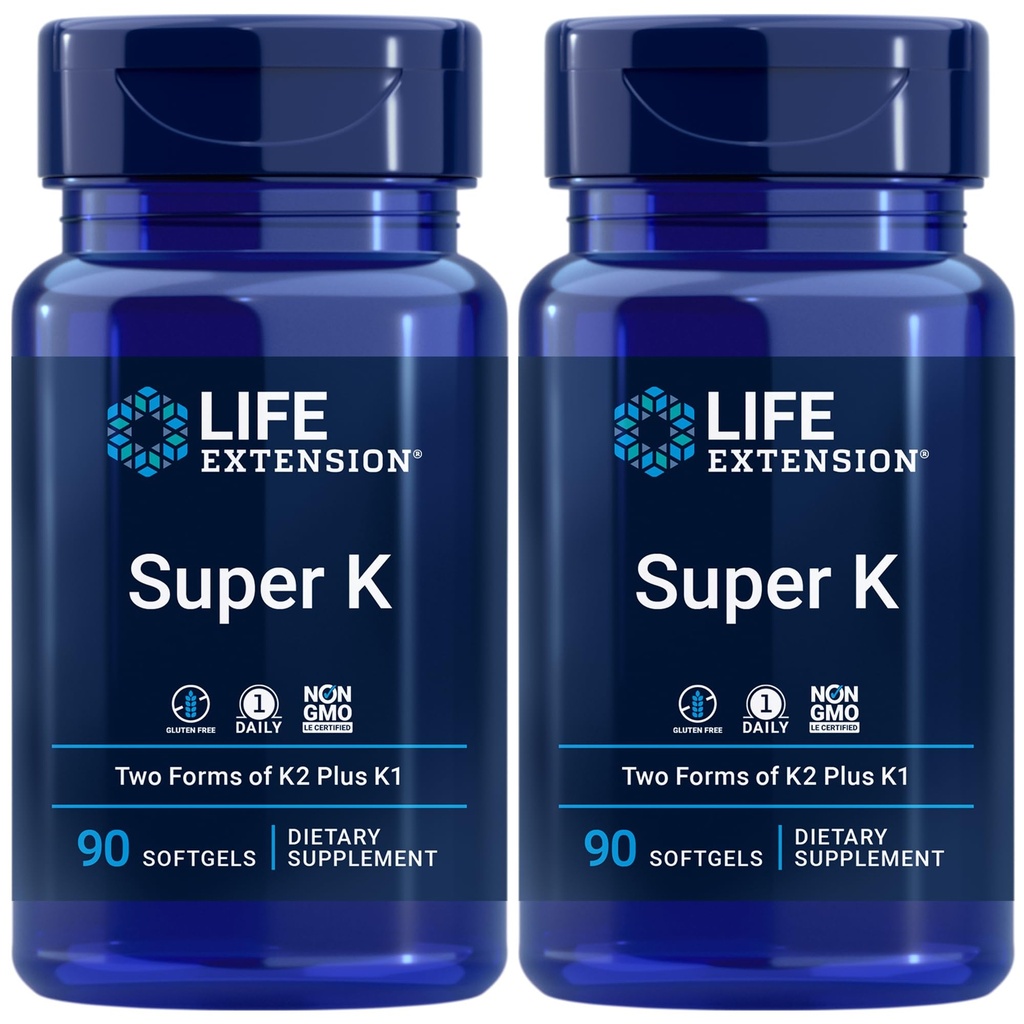 Life Extension Super K, Vitamin K1, Vitamin K2 mk-7, Vitamin K2 mk-4, Vitamin C, Bone/Srce/Arterial Health, 3-mesečna dobava, Gluten-free, 1 dnevno, Ne-GMO, 90 mehkih gelov (Pack z 2)