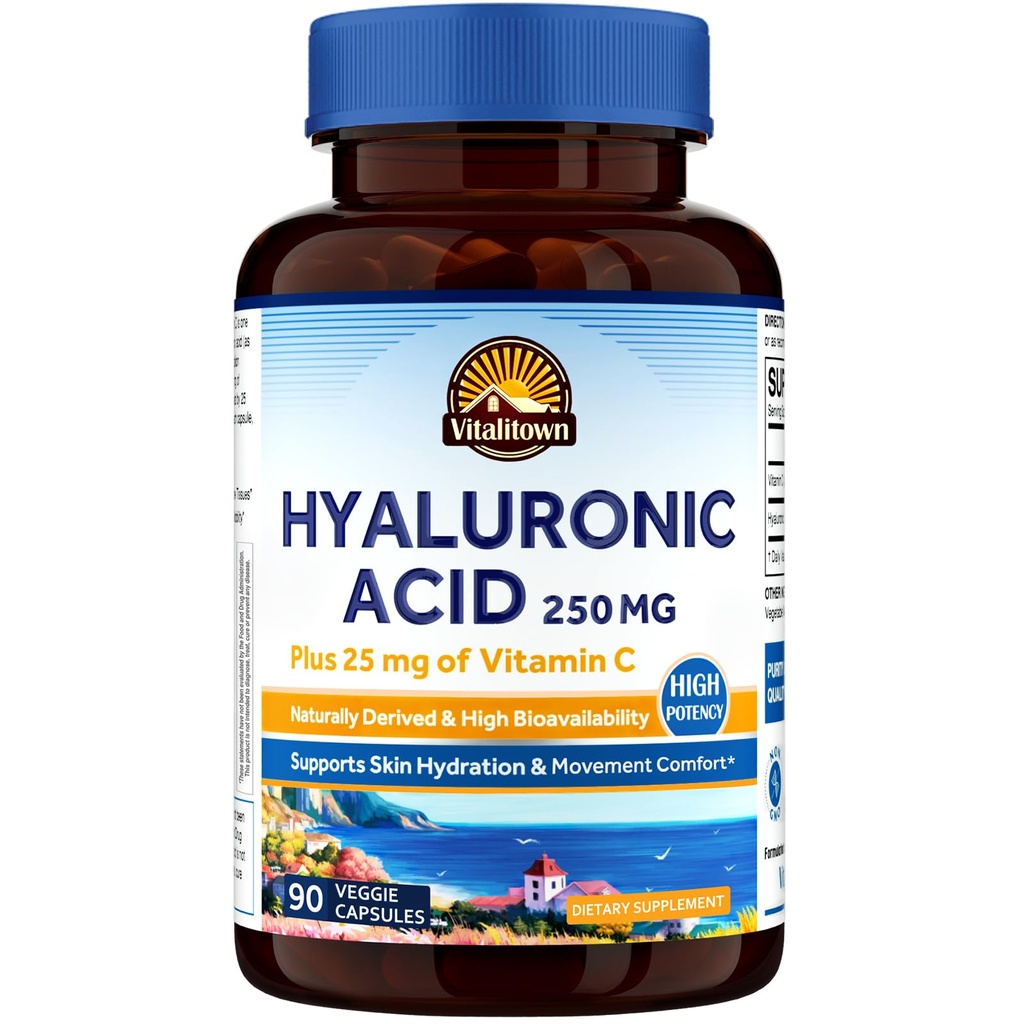 Vitalitown Hyaluronic Acid Supplements 250 mg, Plus 25 mg Vitamin C, naravno dosežena in visoka biološka razpoložljivost, hidracija kože, 90 veganskih kapsul, 3-mesečna oskrba