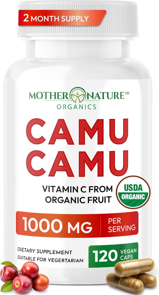 Organski vitamin C iz kapsul Camu Camu 1000 mg, pakiran z naravnim VIT C, surovimi antioksidanti - Imunska podpora dopolnilo in preprečevanje staranja kože - veganski, ne-GMO (120 število)