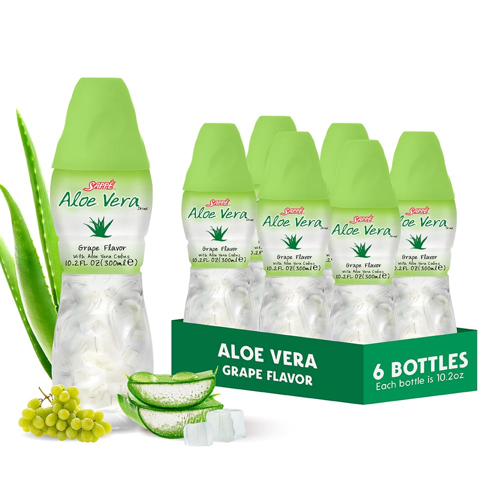 Aloe vera sok (Z okusom grape) z večjimi kosi čiste aloje pulpe (6 paketov) Rastlinski sok je odličen za hidracijo in vsebuje veliko alojo. Zdrav je za odrasle in otroke.