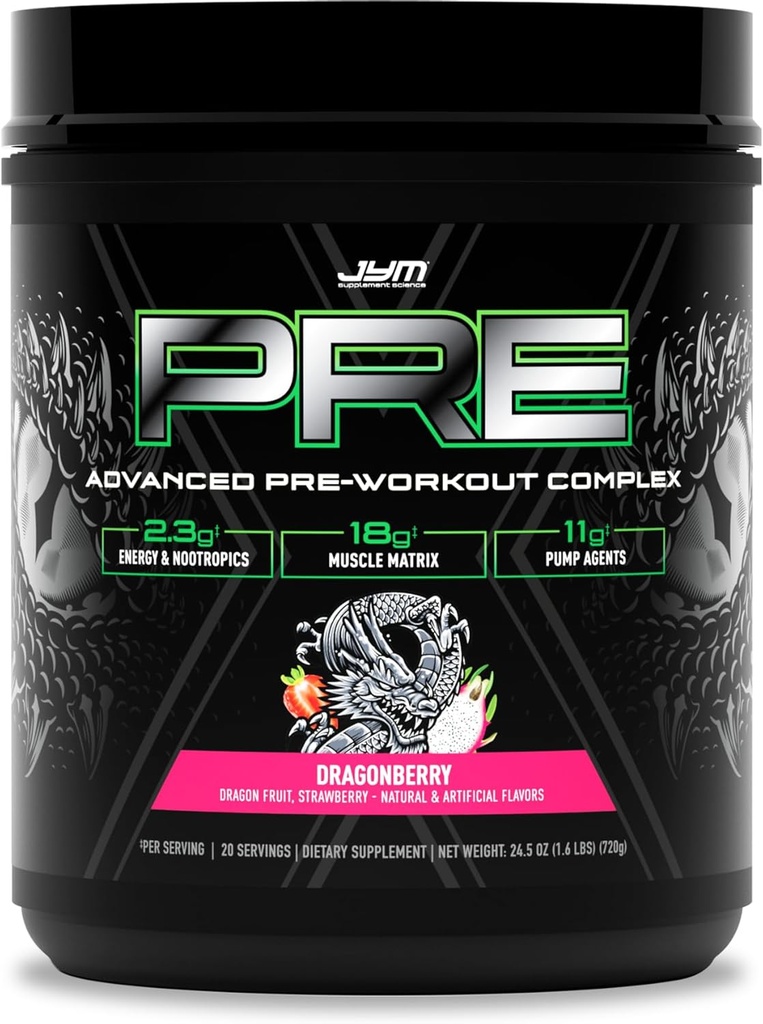 JYM Supplement Science Pre JYM X Dragonberry Advanced Predworkout Powder Massive Pumps, Citrulin nitrat, dinamin, NO3T Betain, BCAA's, Nootropics, Creatine, Beta-Alanin, 20 Servingov