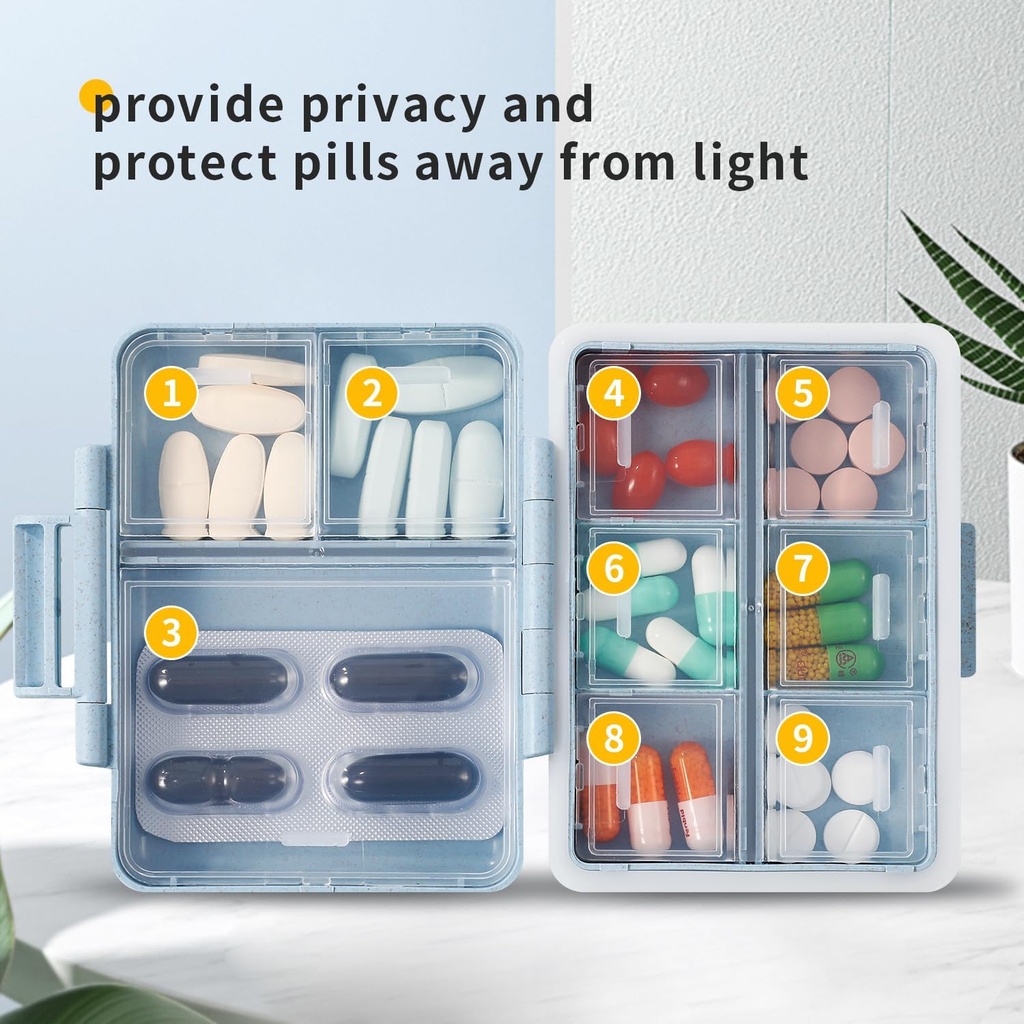 2 Pack 9 Kompartmenti Potovalne tablete Organizator Box Dokaz o vlagi Majhen zaboj tablete za Žepka Purse Daily Pill Imetnik vsebnik za medicino Vitami