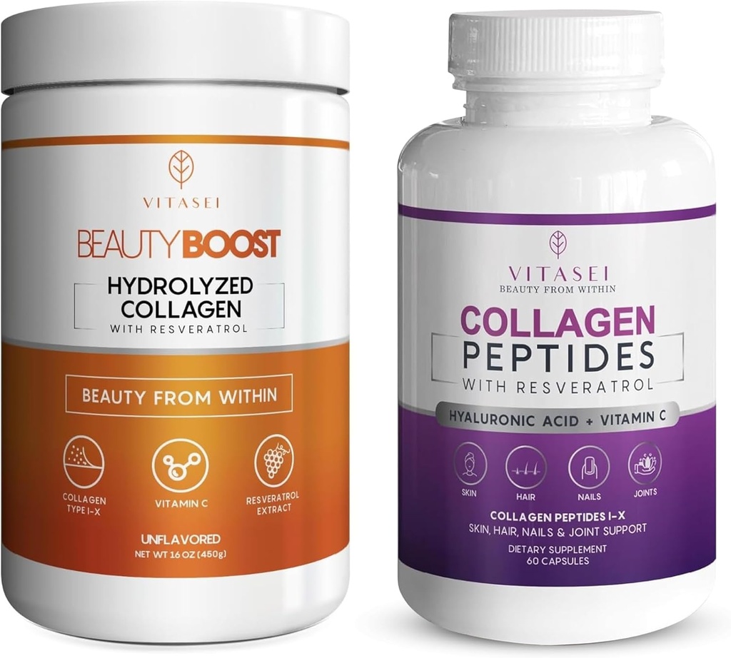VITASEI Kolagen Wellness Bundle – hidrolizirani kolagen peptidi v prahu in kolagen peptidi kapsule z vitaminom C in resveratrol – podpora za lase, kožo, nohte, kosti in sklepe
