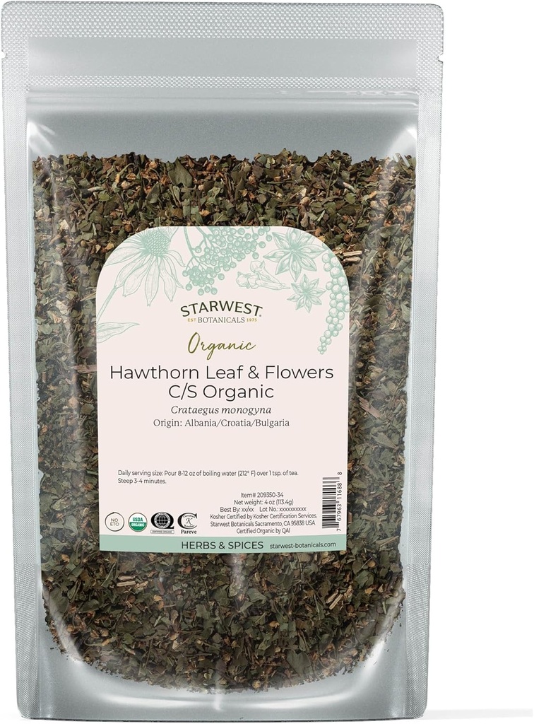 Starwest Botanicals Organic Hawthorn Leaves & Cvetje - Posušen loose Leaf Herb za čaj, naravna wellness podpora za ženske & moške, cut & Sifted, Certified Kosher, Non-GMO - 4 oz Pouch