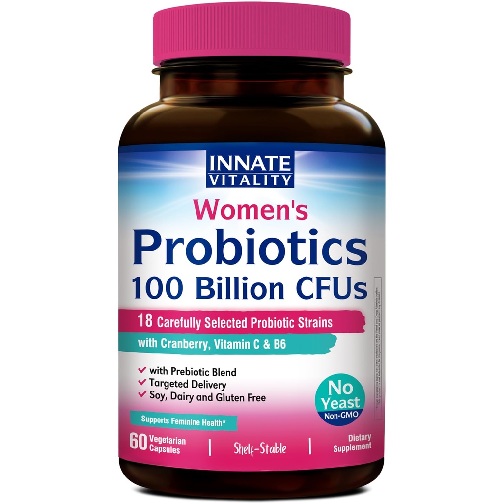 Prirojeni probiotiki vitalnosti za ženske, 100 milijard CFUs 18 sevi, prebiotiki in probiotiki, z brusnico, vitamin C & B6 P5P, vaginalno in prebavno zdravje, nehlajeni, 60 kap