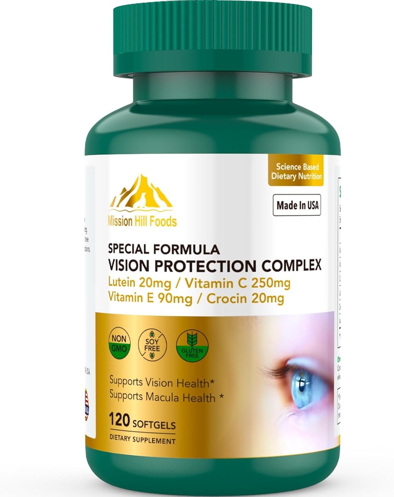 Lutein in Zeaksantin dopolnila - 6 v 1 Vision Protection Complex z Lutein 20mg, Zeaksantin, Astaksantin, Crocin, Vitamin C & E, 120 Softgels, Non-GMO, Gluten-free, Podpira zdravje oči