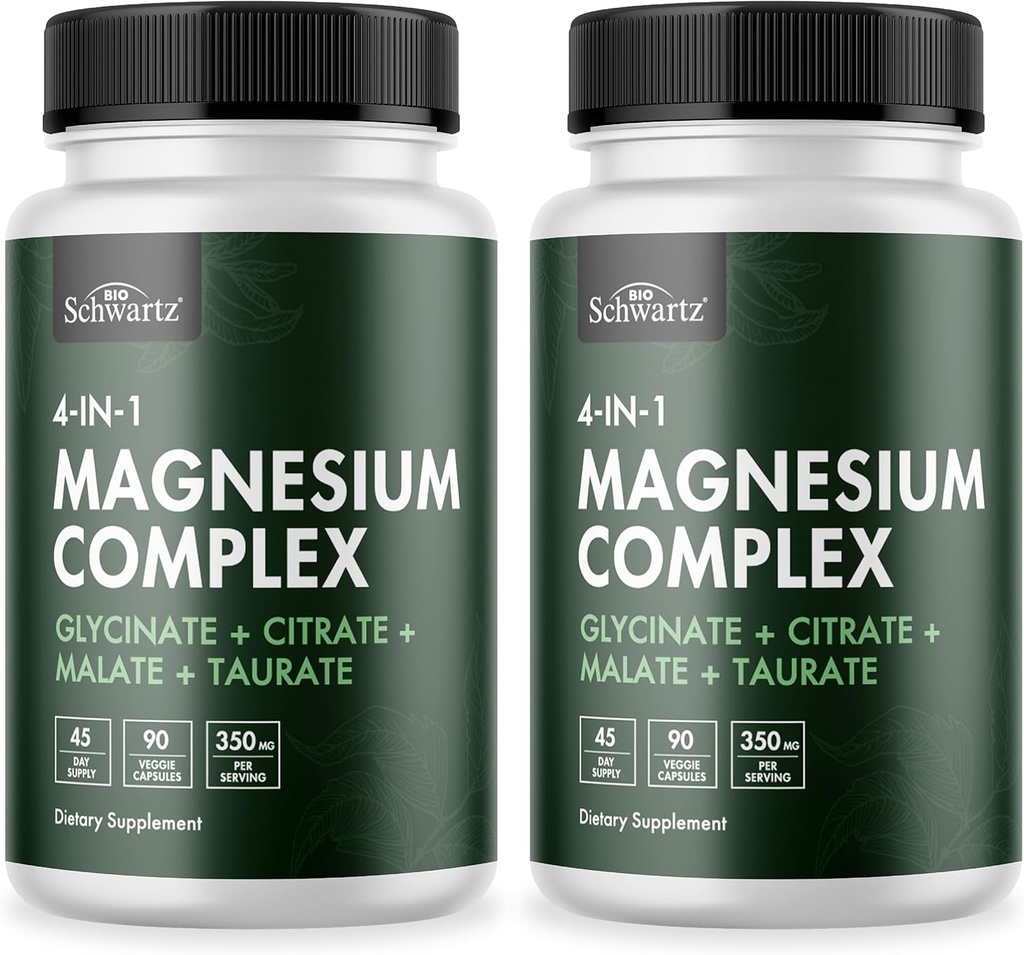 BioSchwartz Magnezij Complex Supplement (2 paket) 350mg Magnezij Glicinat Citrat Malate in Taurat Per Serving za zdrave živcev mišice Srčni spanec podpora (Vegan, Gluten-free, Non-GMO)