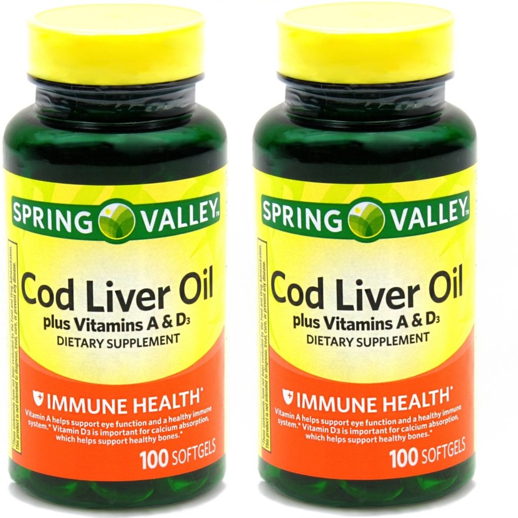 Spring Valley - Trska Jetrno olje z vitaminom A & D 100 mehkih gelov (Pack z 2)