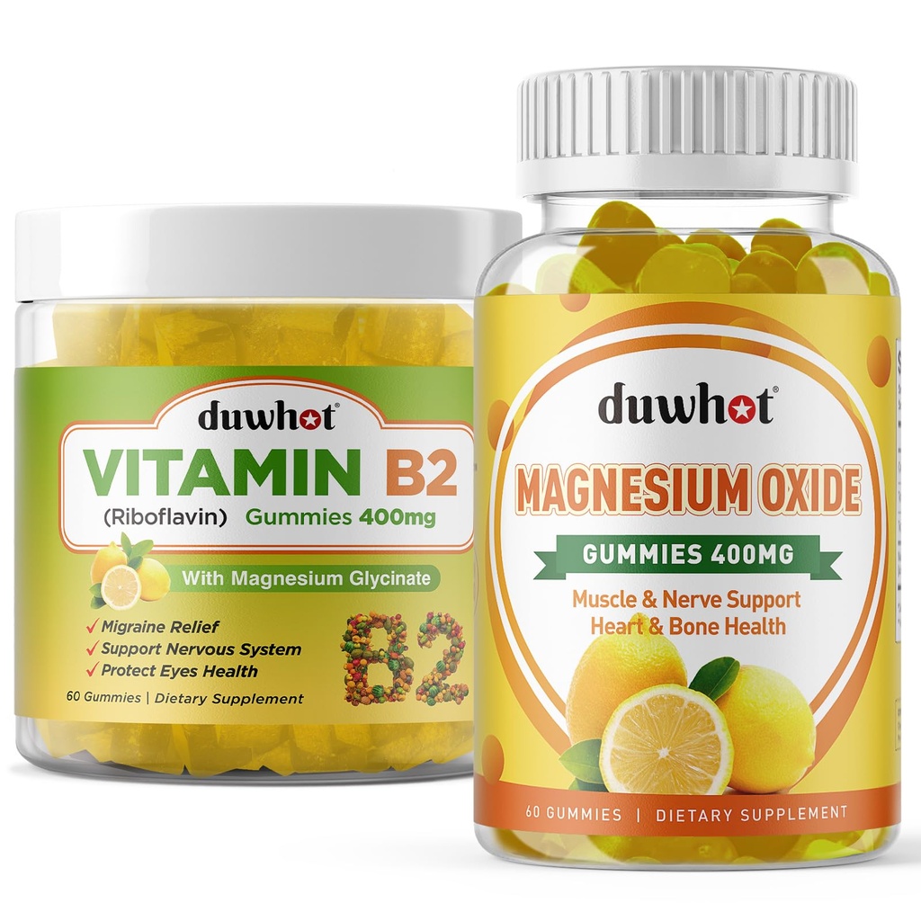 Migrena Relief - Vitamin B2 Gumies (Riboflavin) 400mg & Magnezijev oksid Gumies 400mg, Glavobol Relief & živčni sistem Podpora