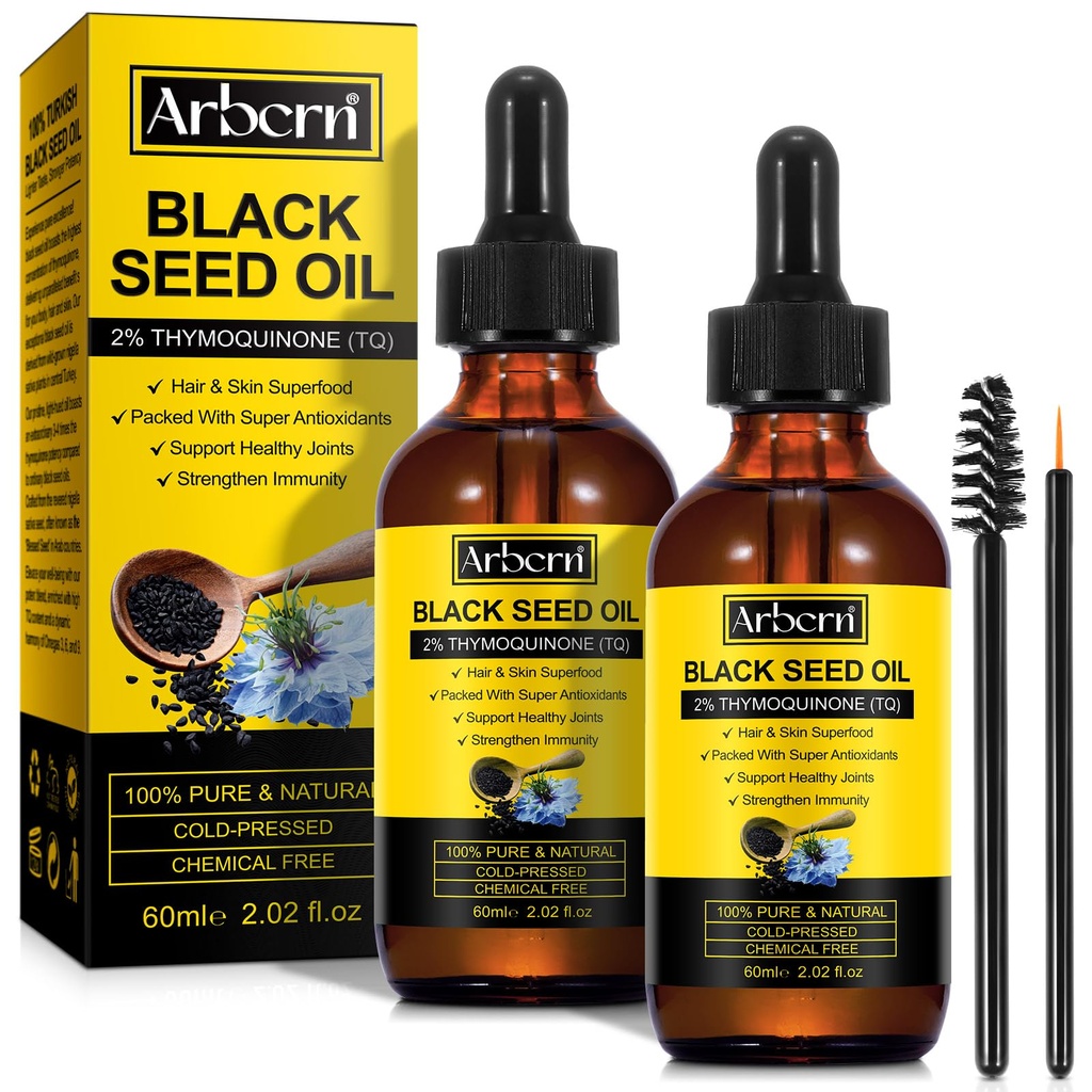 2 Pack Black Seed Oil organsko hladno stisnjeno,100% Pure & Natural Liquid Black Semed Oil hladno tiskana steklena steklenica 60ML za nego kože, Hranila in hidrati las
