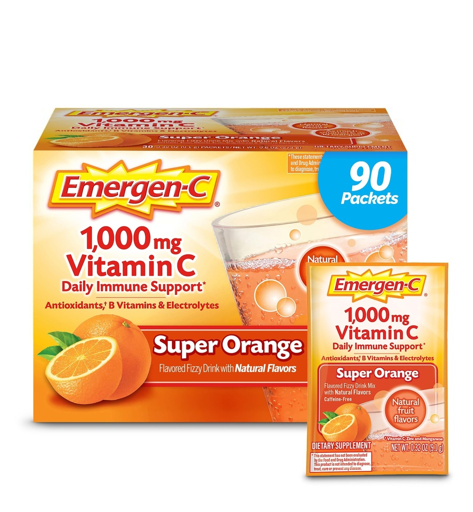 Emergen-C 1000mg Vitamin C Powder za dnevno imuno podporo Kofein Brez vitamina C Dodatki z cinkom in manganom, B Vitamini in elektroliti, Super Orange Flavor - 90 Count/3 Mesec dobave