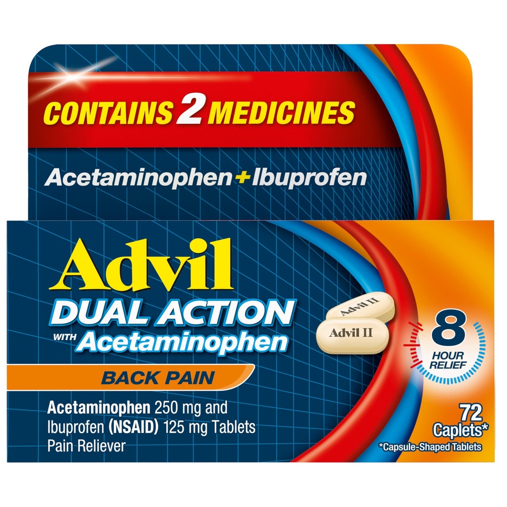 Advil Dual Action Back Caplets Zagotavlja 250 mg ibuprofena in 500 mg acetatfena na odmerek za 8 ur lajšanje bolečine v hrbtu - 72 Število