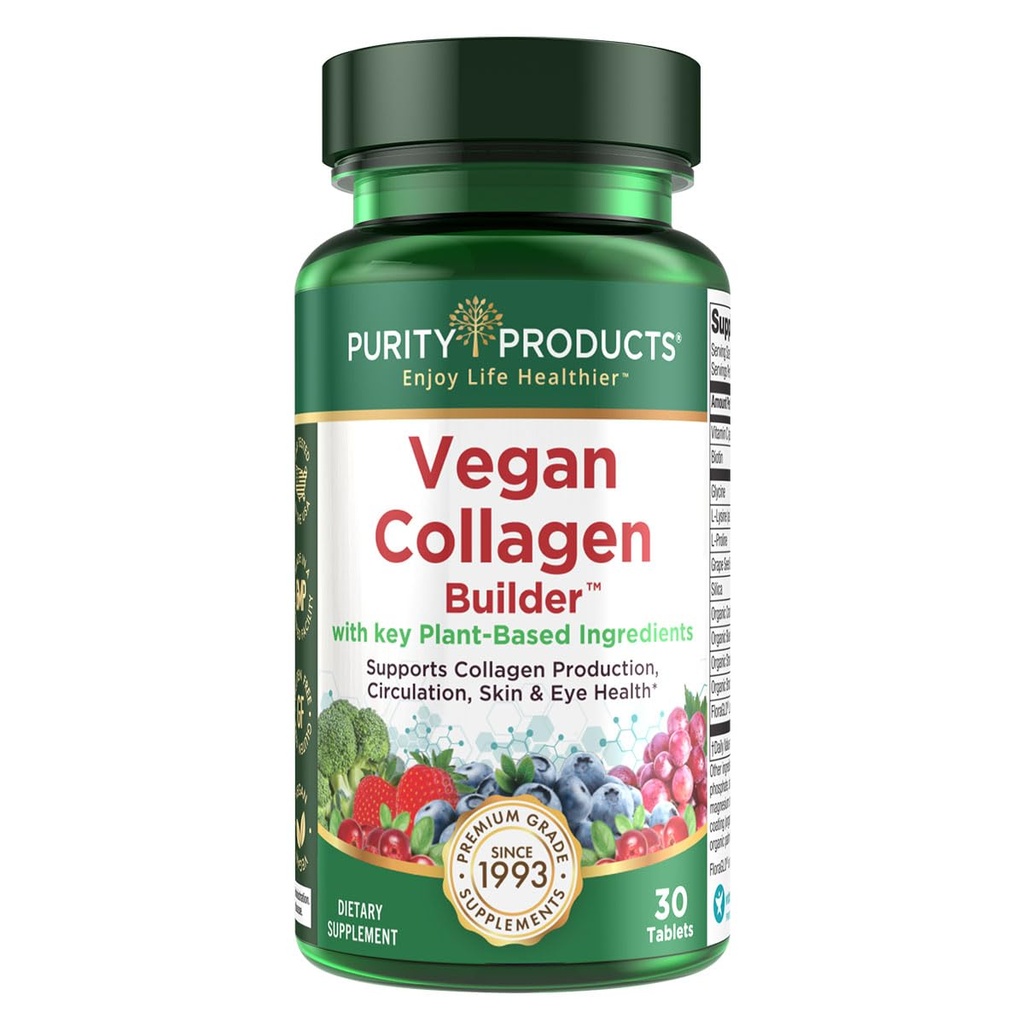 Veganski Collagen Builder - Ekološka cela živila Sadje + Veg, Silica, Lutein, Vitamin C, Biotin, Grozdno seme - Aminokisline Glicin, Lizin + Proline Collagen Boosters (30 Serving, tablete)