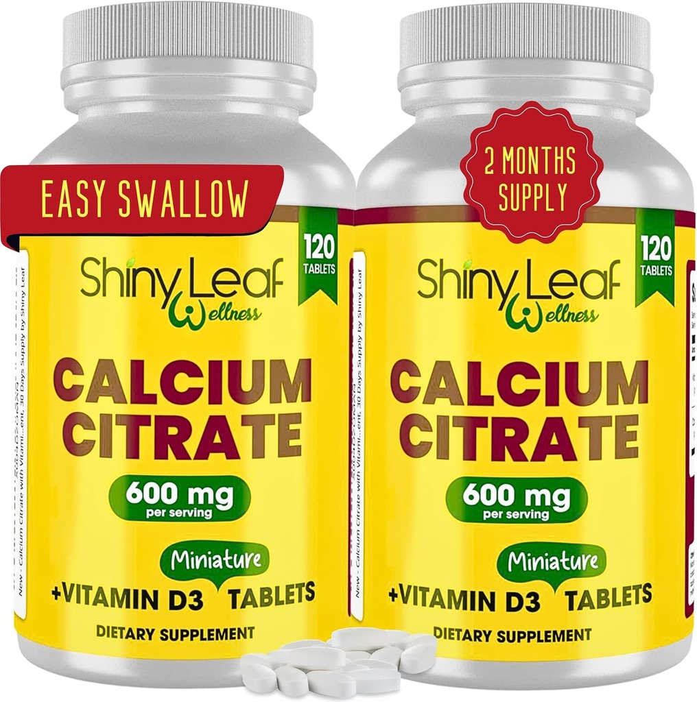 Shiny Leaf Calcium Minis 600 mg - dnevne tablete kalcijevega citrata 600mg Plus Vitamin D3 za Bariatric post-op in Gastric bypass za ženske in moške, enostavno za pogoltniti, Made in ZDA, Vegetarian - 240 Ct.