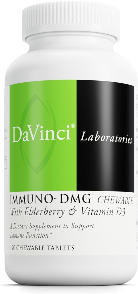 DAVINCI Labs Imuni-DMG Žvečljiva z bezgovimi jagodami in vitaminom D3 - prehranska dopolnila za podporo celičnemu in imunskemu zdravju* - z vitaminom C, D3, E, črnimi jerebicami, DMG in več - 120 žvečljivih tablet