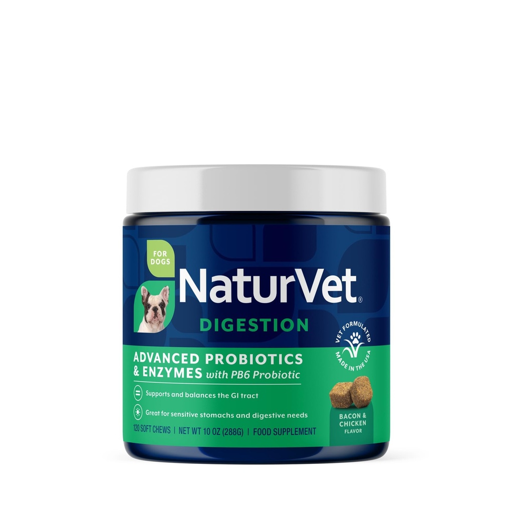 NaturVet Napredni probiotiki in encimi, PB6 Dog Soft Chews za pomoč Občutljivi želodci in prebavne težave, Hickory dimljeno Bacon aromirani hišni dodatek za pse v 6 tednih, 120 grof Jar