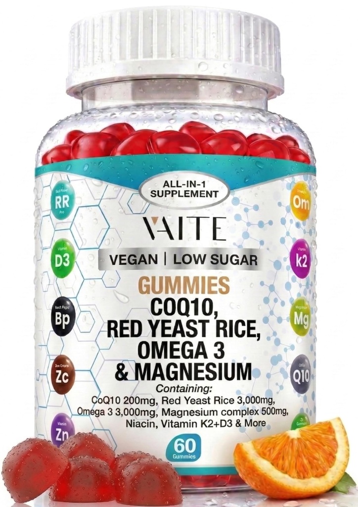 CoQ10 200mg Gumiji z rdečim rižem in magnezijevim glicinatom – Omega-3, cink in vitamin K2+D3 za splošno zdravje – Dodatki za odrasle – 60 Žvečljivi gumiji