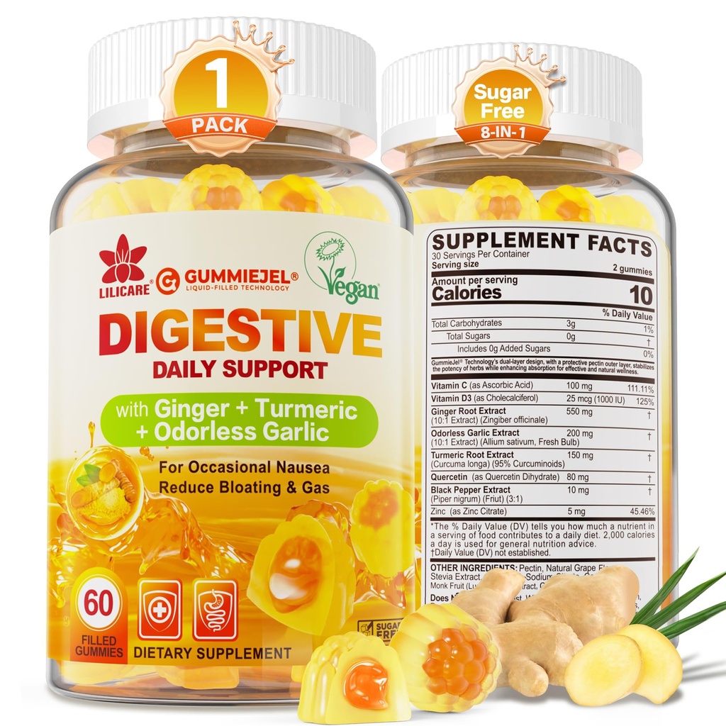 Ginger Chews Gumies za slabost in prebavna podpora, Želodec Relief - Sladkor prost z kurkuma & Odorless česen, Quercetin, Vitamin D3, C, Okusni Prebavne dopolnila, 60Cts (Pack of 1)