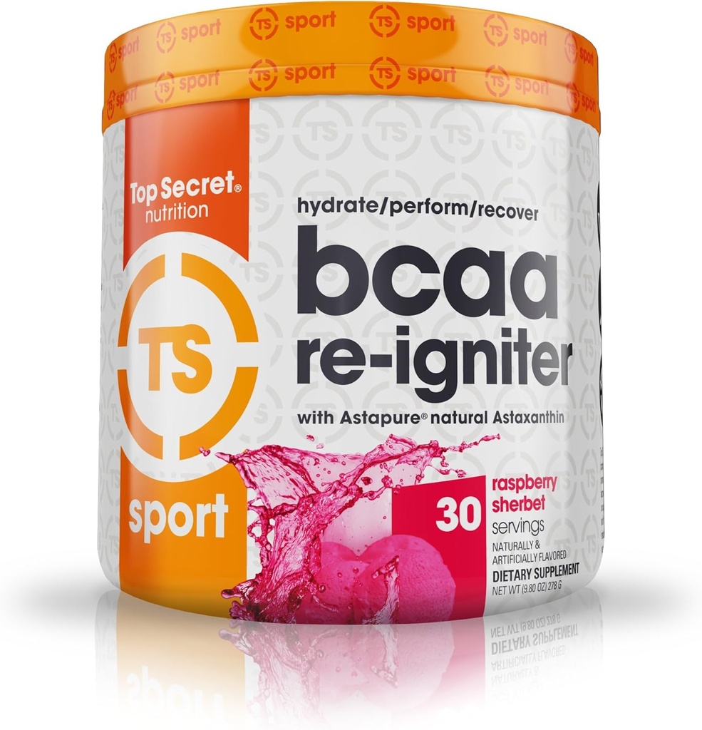 Top Secret Nutrition BCAA Re-Igniter Vegan Aminokislina dodatek z Astaksantin in Elektrolit, Hidracija Mešanica s kokosovo vodo, 9.80 oz (30 obrokov), Raspberry Sherbet