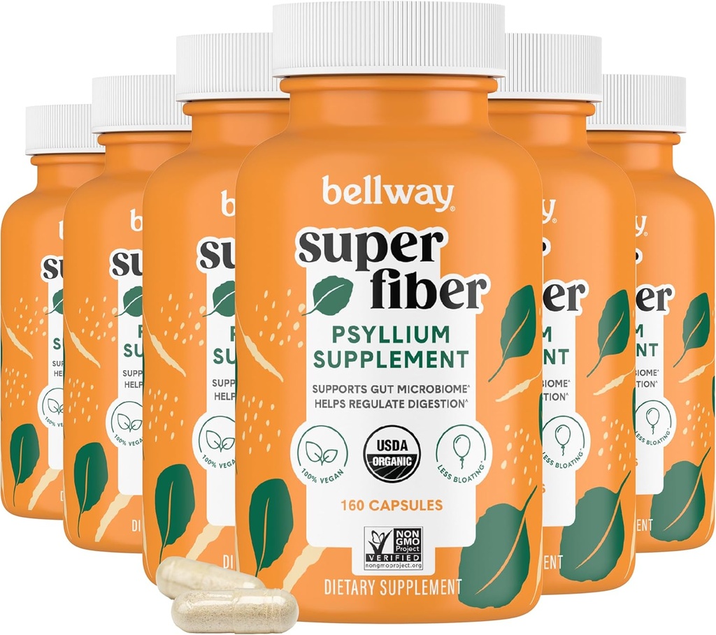 Bellway Super Fiber Kapsule (6 paketov) - USDA Organic Psyllium Husk Kapsule - Dnevni Psyllium Husk Fiber Dopolnilo za prebavno zdravje in regularnost, rastlinsko, ne-GMO, Kosher - 960 Kapsule