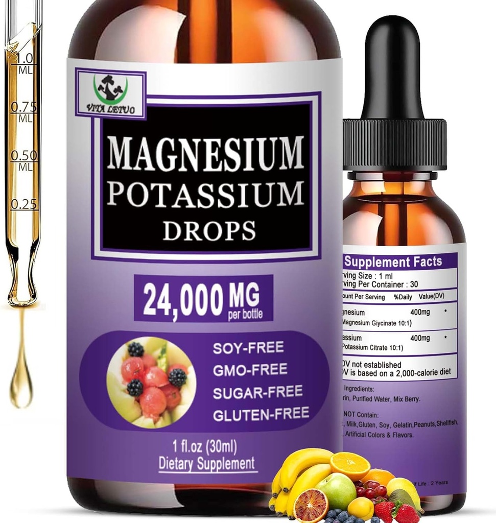 Magnezij Glicinat s kalijevim dodatkom,Liquid Magnezij Glicinat 500mg Kalijev Citrat 500mg, Magnezij Tekoče kapljice za žilne, kosti, srca, mišice in živca zdravje,Non-GMO,Vegan
