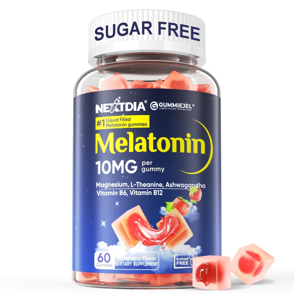 Brez sladkorja Melatonin Gumies 10mg 20mg Magnezij Glicinat Melatonin za odrasle, Ashwagandha, L-Theanin, B6, B12, Lemon Balm in kamilica za globoko sprostitev, Antioksidant, Vegan, 60 dan