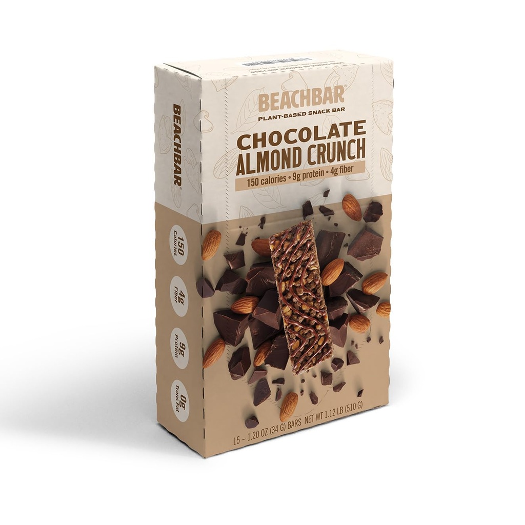 BODI BEACHBAR Čokolada na osnovi čokolade Almond Crunch – Beljakovine Rich Vegan Prigrizek Bar, Gluten-free, Nizko glikemični indeks, 10g beljakovine, 150 kalorij, 15 Barov na škatlo